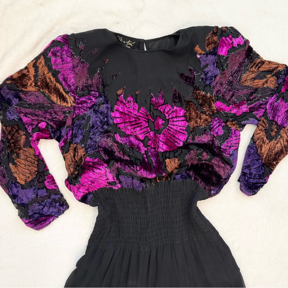 Vintage Diane Freis Limited Edition Silky Chiffon Velvet Burnout Ruffle Dress 🔥 - Picture 2 of 11